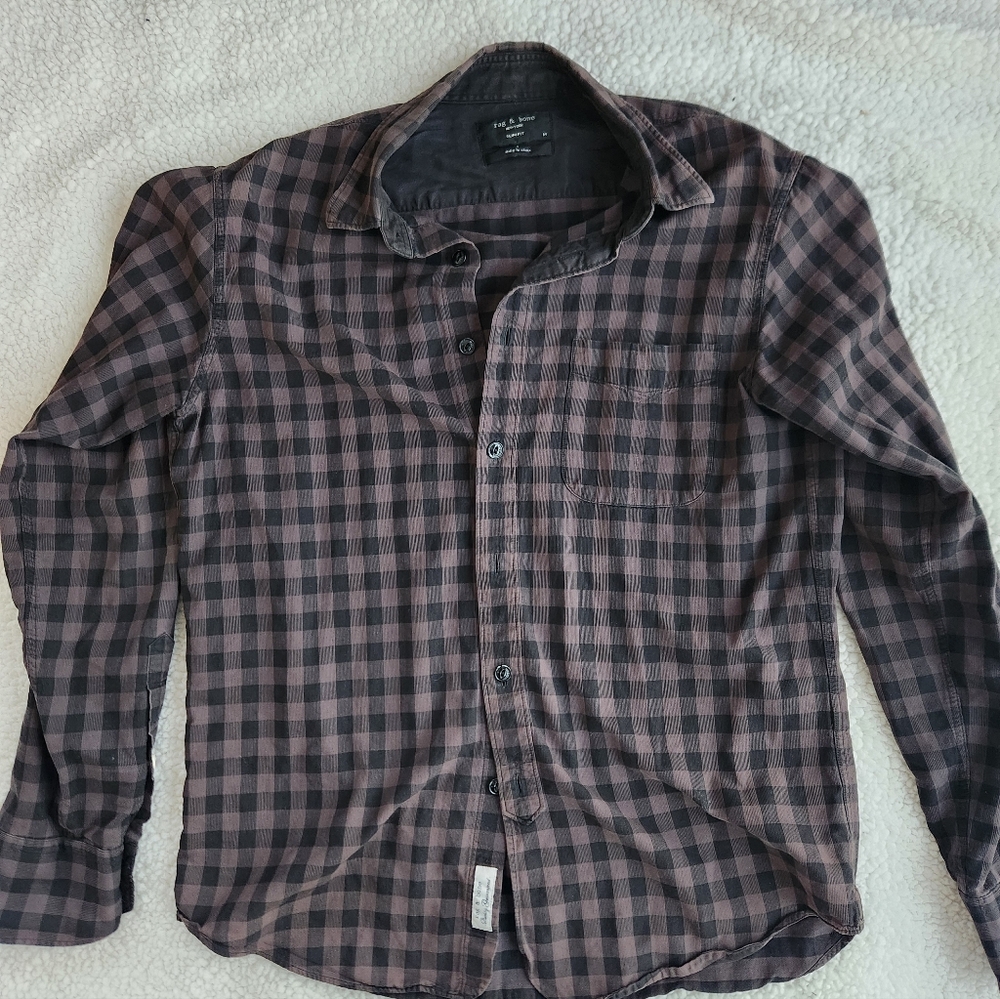 Rag & Bone Men's Black and Brown Checkered Shirt With Front Pocket Butto…